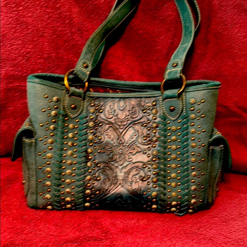 Green Shoulder Bag with Studded Details and Metallic Accents